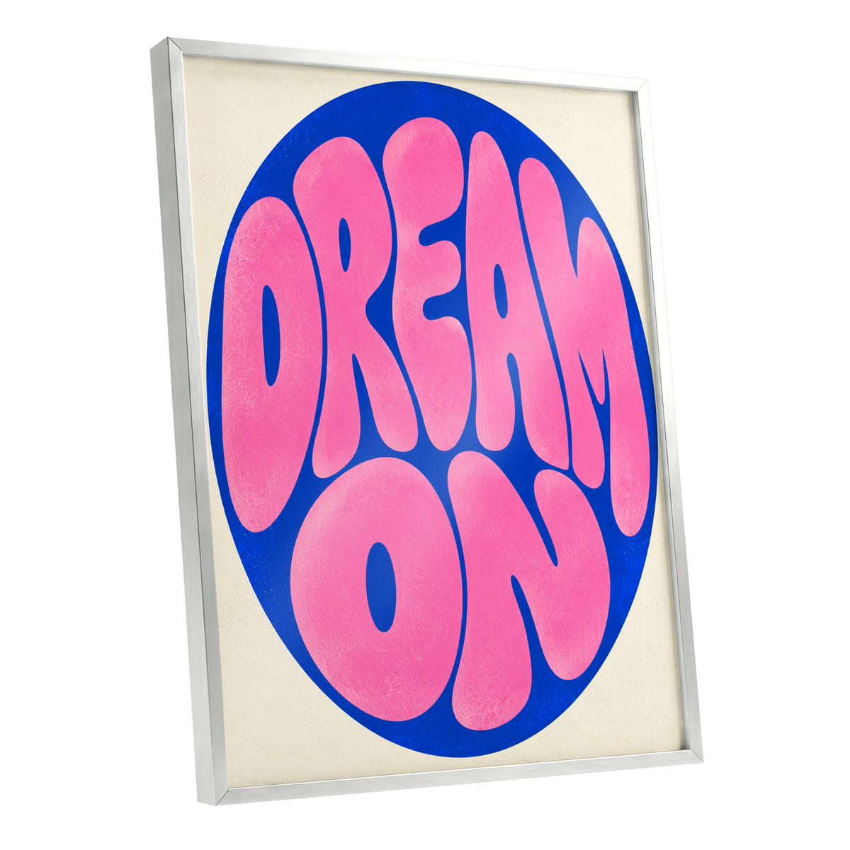 Electric Daydream, pink, blue, beige abstract wall art shown as a silver framed poster wall art print