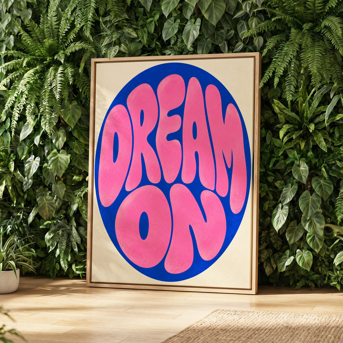 Electric Daydream, pink, blue, beige abstract wall art displayed in a styled interior, gallery view 2