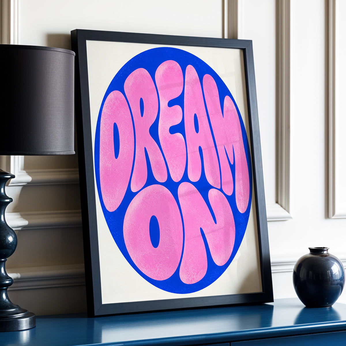 Electric Daydream, pink, blue, beige abstract wall art displayed in a styled interior, gallery view 3