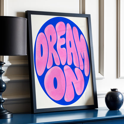 Electric Daydream, pink, blue, beige abstract wall art displayed in a styled interior, gallery view 3