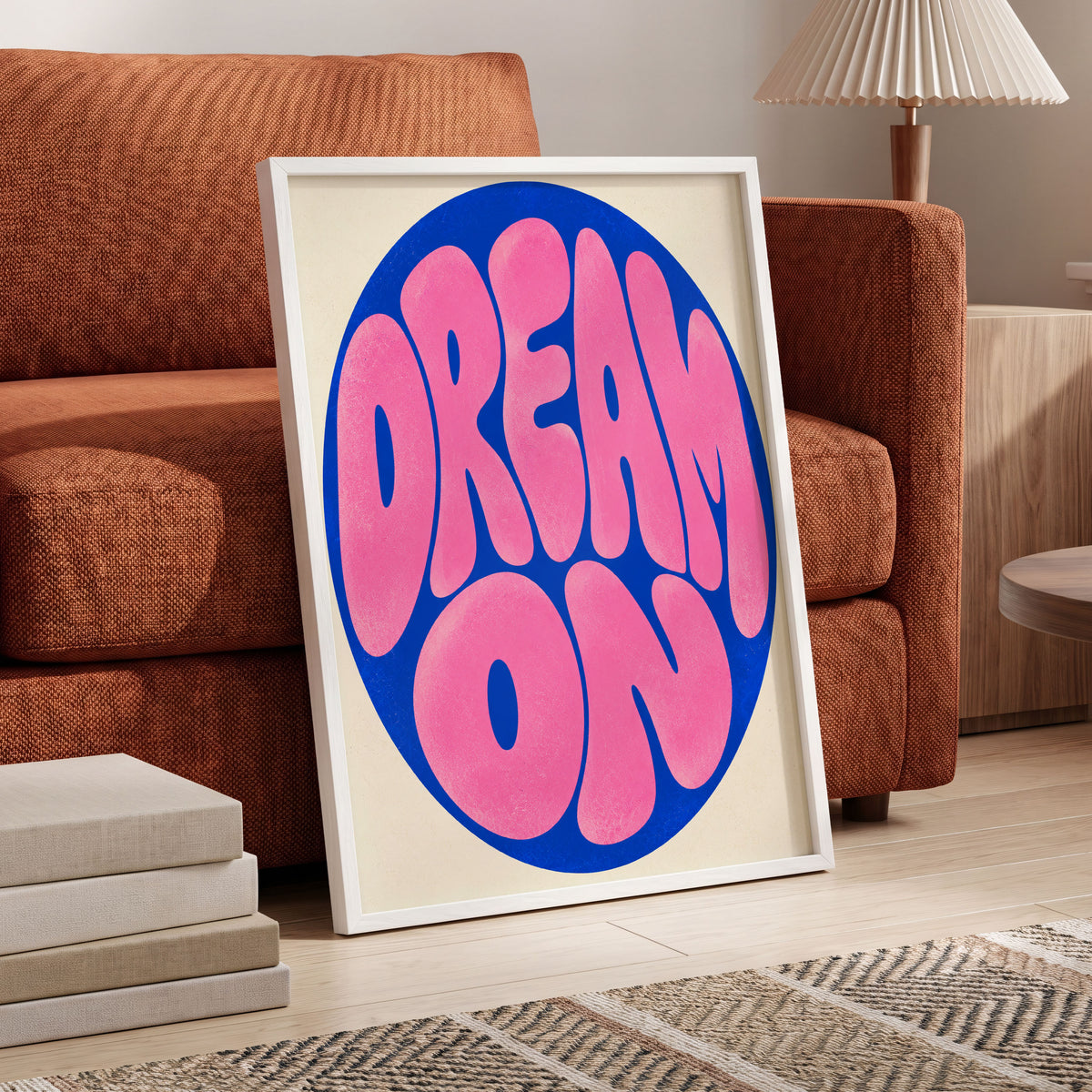 Electric Daydream, pink, blue, beige abstract wall art displayed in a styled interior, gallery view 4