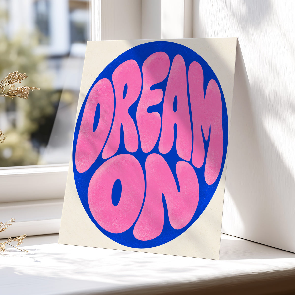 Electric Daydream, pink, blue, beige abstract wall art displayed in a styled interior, gallery view 5