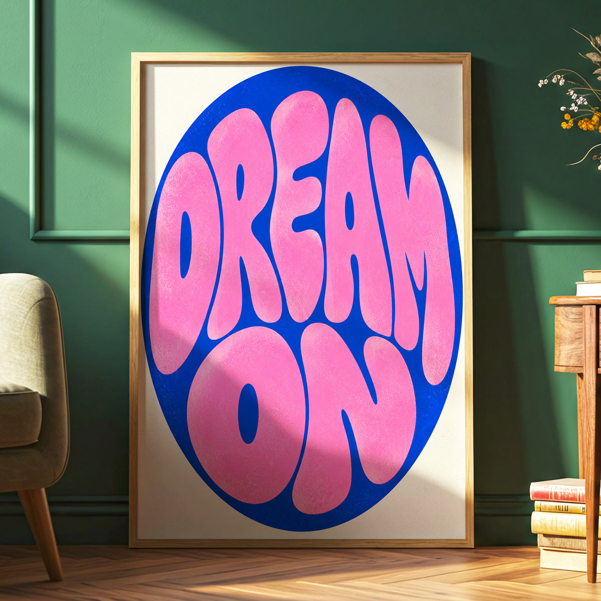 Electric Daydream, pink, blue, beige abstract wall art displayed in a styled interior, gallery view 6