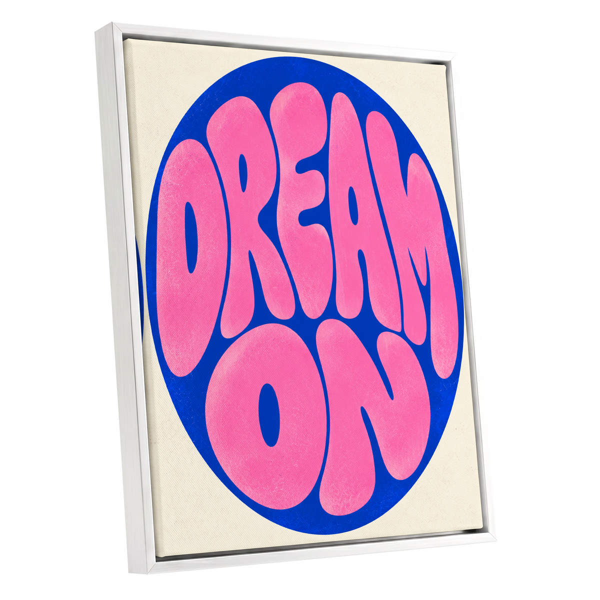 Electric Daydream, pink, blue, beige abstract wall art shown as a white framed canvas wall art