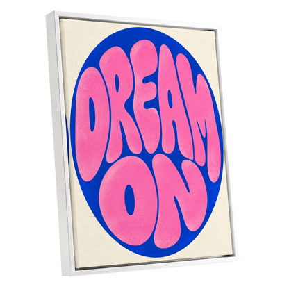 Electric Daydream, pink, blue, beige abstract wall art shown as a white framed canvas wall art