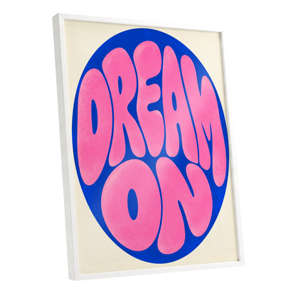 Electric Daydream, pink, blue, beige abstract wall art shown as a white framed poster wall art print