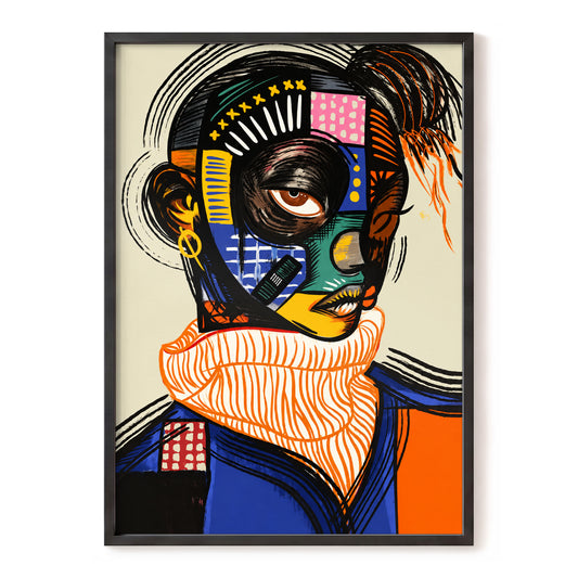 Electric Gaze, black, blue, orange abstract wall art, front artwork view