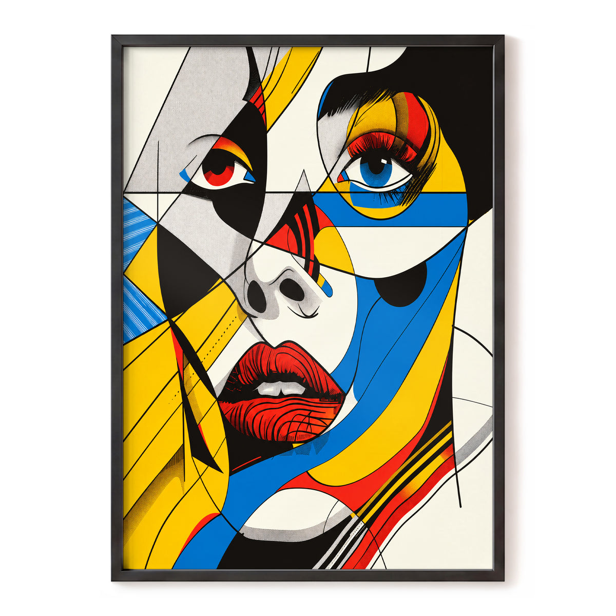 Electric Gaze, yellow, blue, black abstract wall art, front artwork view
