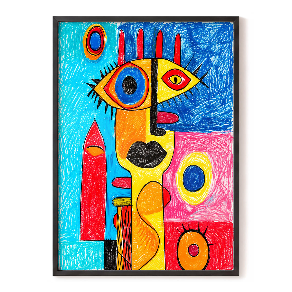 Electric Gaze, blue, red, yellow abstract wall art, front artwork view