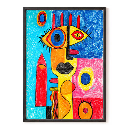 Electric Gaze, blue, red, yellow abstract wall art, front artwork view