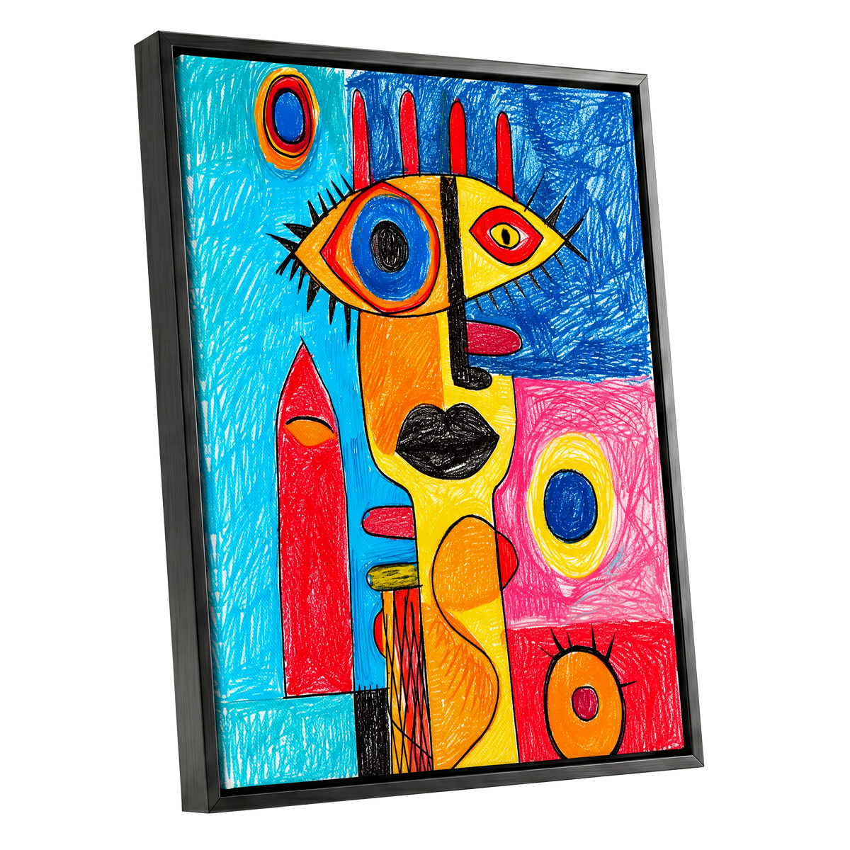 Electric Gaze, blue, red, yellow abstract wall art shown as a black framed canvas wall art