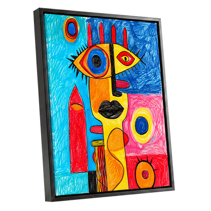 Electric Gaze, blue, red, yellow abstract wall art shown as a black framed canvas wall art