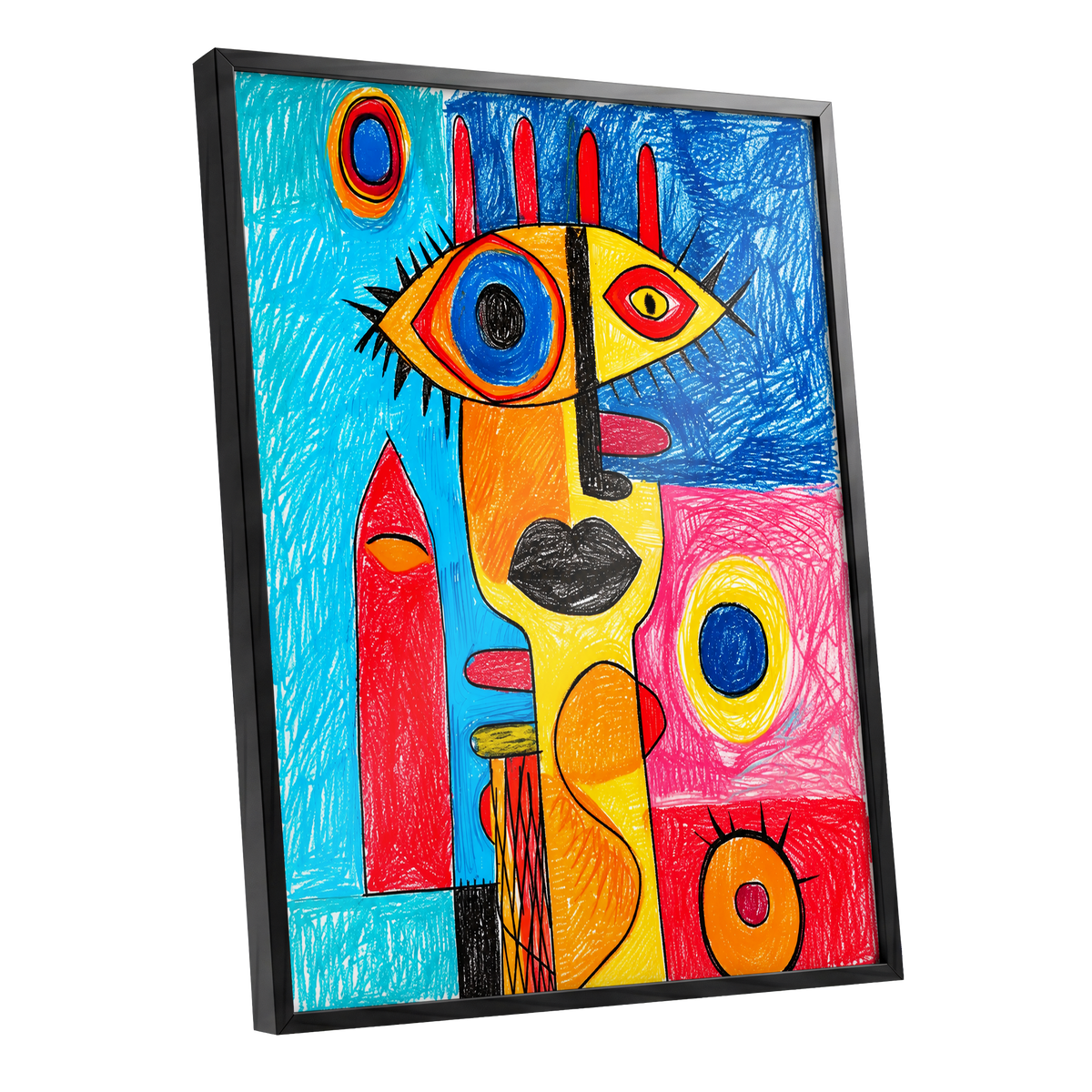 Electric Gaze, blue, red, yellow abstract wall art shown as a black framed poster wall art print