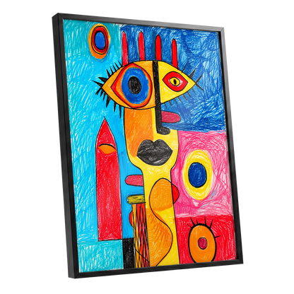 Electric Gaze, blue, red, yellow abstract wall art shown as a black framed poster wall art print