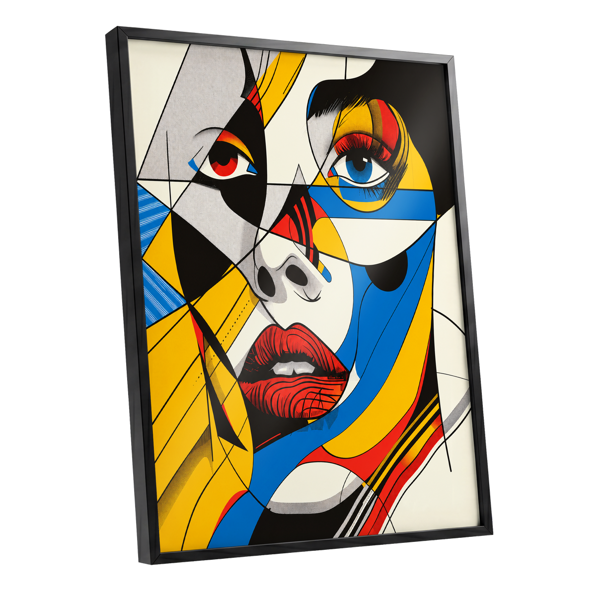 Electric Gaze, yellow, blue, black abstract wall art shown as a black framed poster wall art print