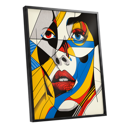 Electric Gaze, yellow, blue, black abstract wall art shown as a black framed poster wall art print