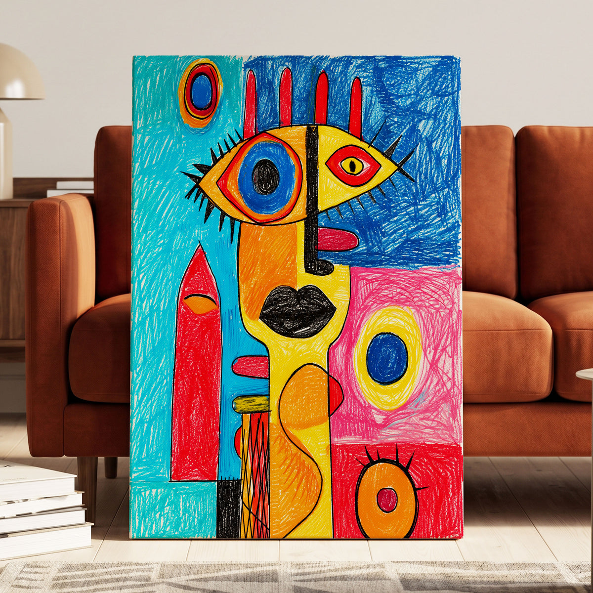 Electric Gaze, blue, red, yellow abstract wall art on canvas displayed in a styled interior, gallery view 1