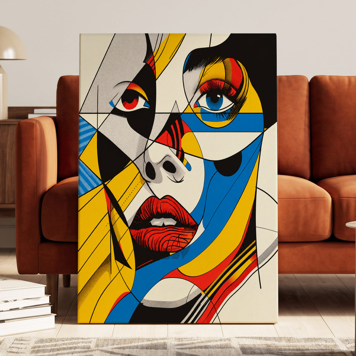 Electric Gaze, yellow, blue, black abstract wall art on canvas displayed in a styled interior, gallery view 1