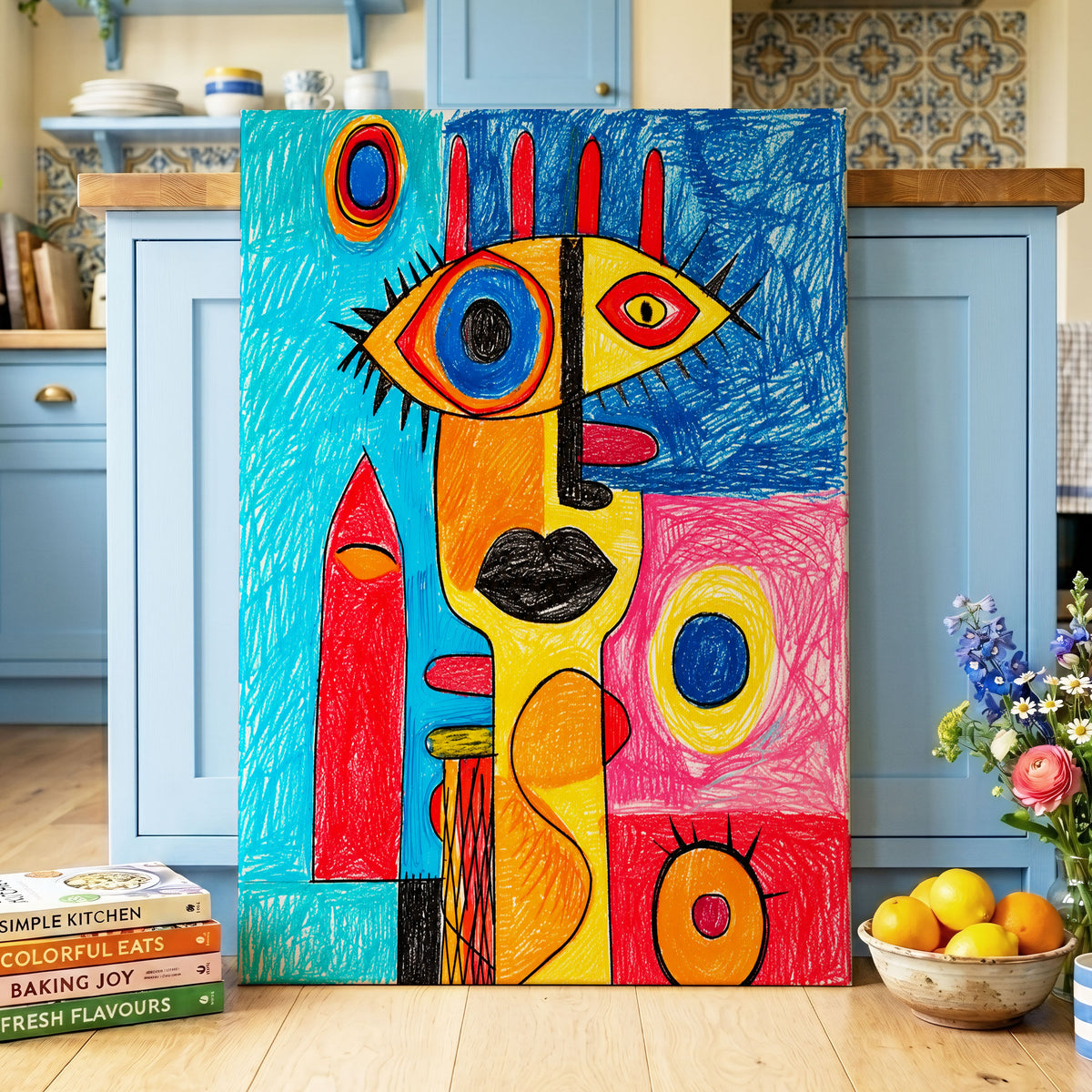 Electric Gaze, blue, red, yellow abstract wall art on canvas displayed in a styled interior, gallery view 2
