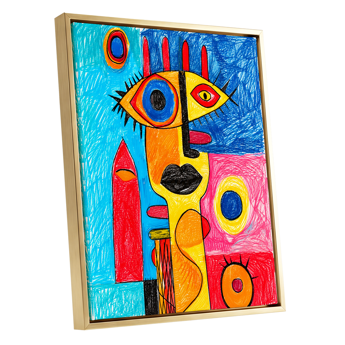 Electric Gaze, blue, red, yellow abstract wall art shown as a gold framed canvas wall art