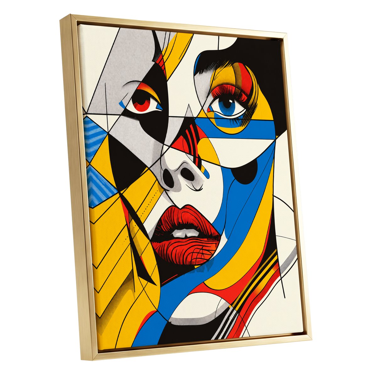 Electric Gaze, yellow, blue, black abstract wall art shown as a gold framed canvas wall art