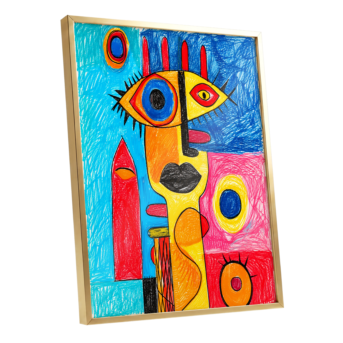 Electric Gaze, blue, red, yellow abstract wall art shown as a gold framed poster wall art print