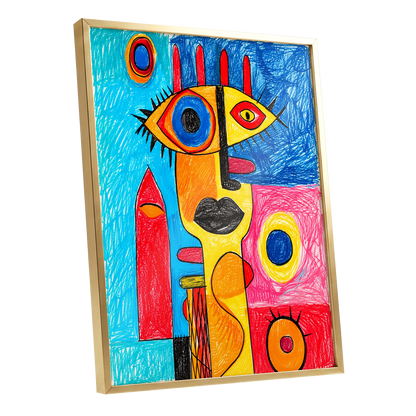 Electric Gaze, blue, red, yellow abstract wall art shown as a gold framed poster wall art print