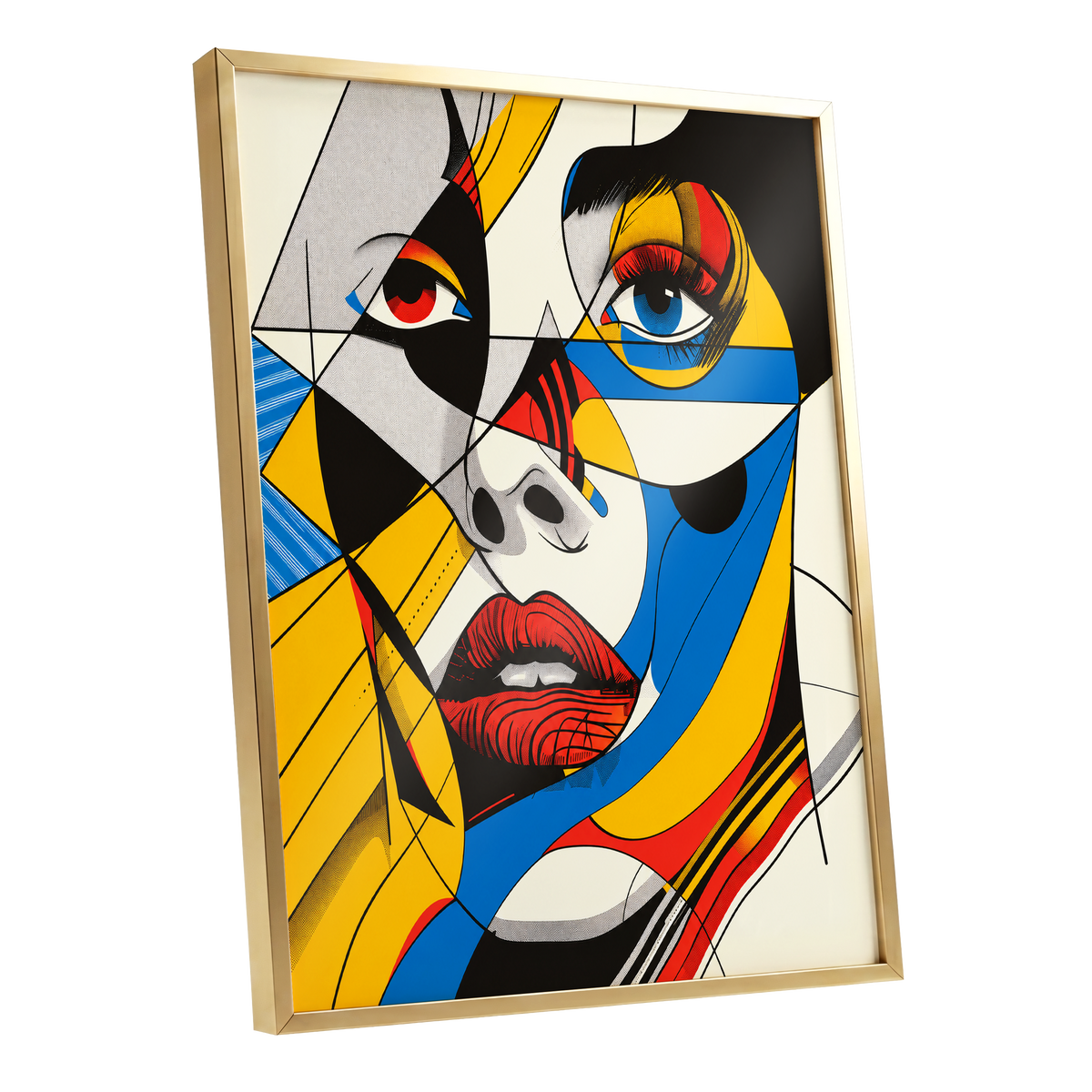Electric Gaze, yellow, blue, black abstract wall art shown as a gold framed poster wall art print