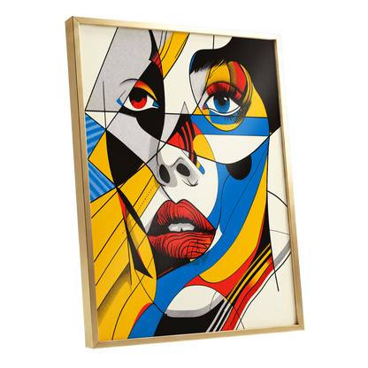 Electric Gaze, yellow, blue, black abstract wall art shown as a gold framed poster wall art print