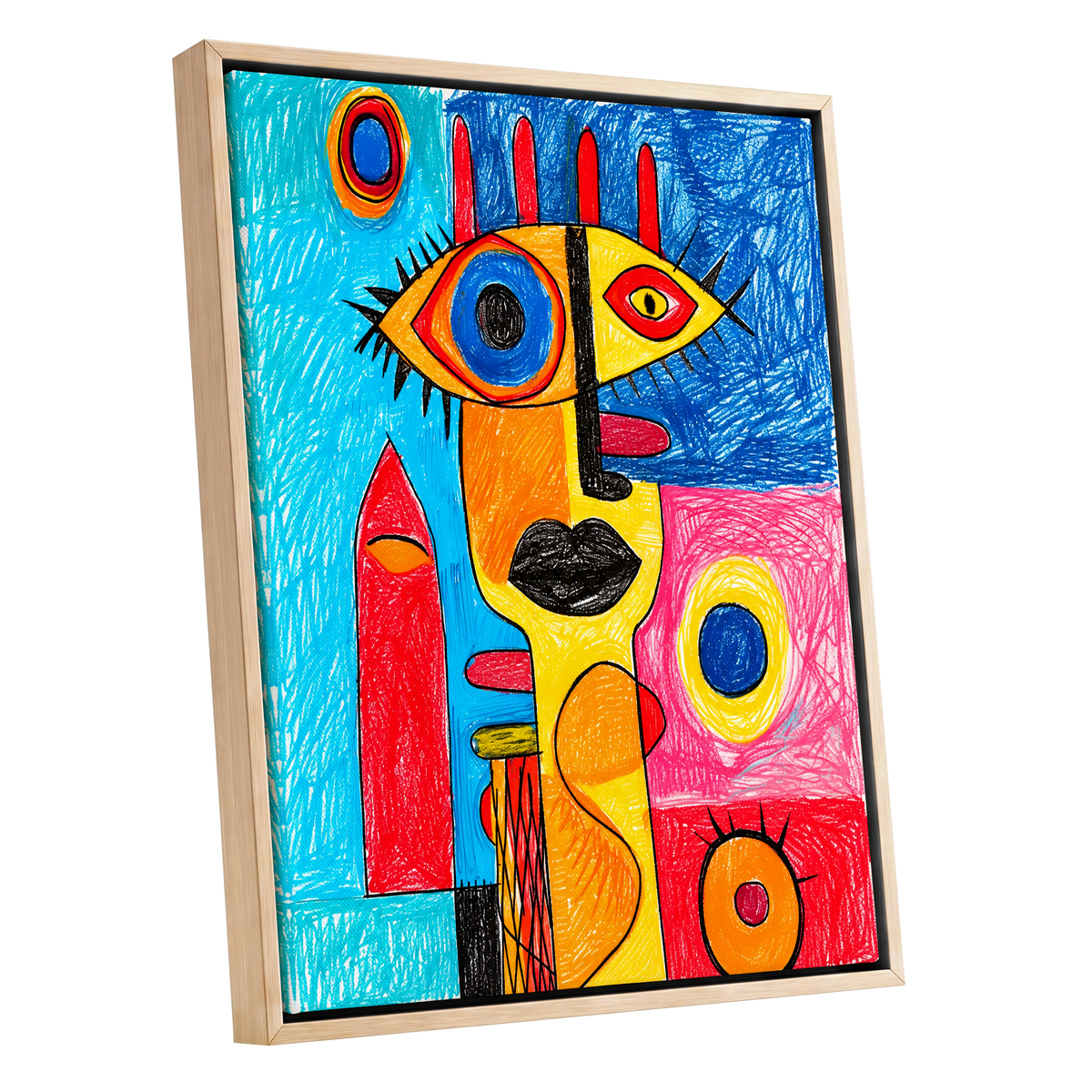 Electric Gaze, blue, red, yellow abstract wall art shown as a oak framed canvas wall art