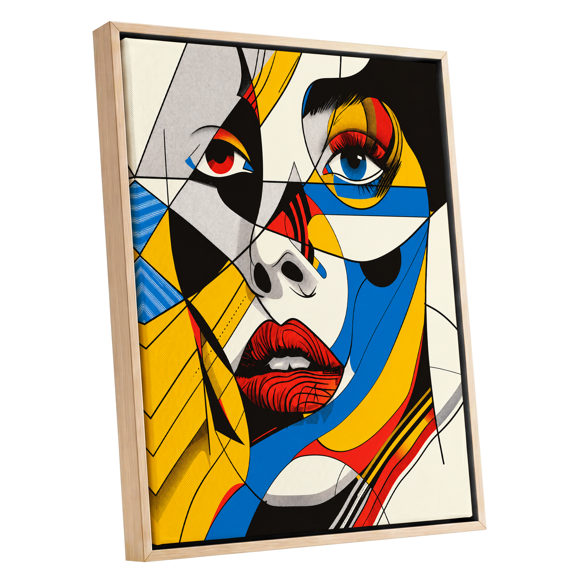 Electric Gaze, yellow, blue, black abstract wall art shown as a oak framed canvas wall art