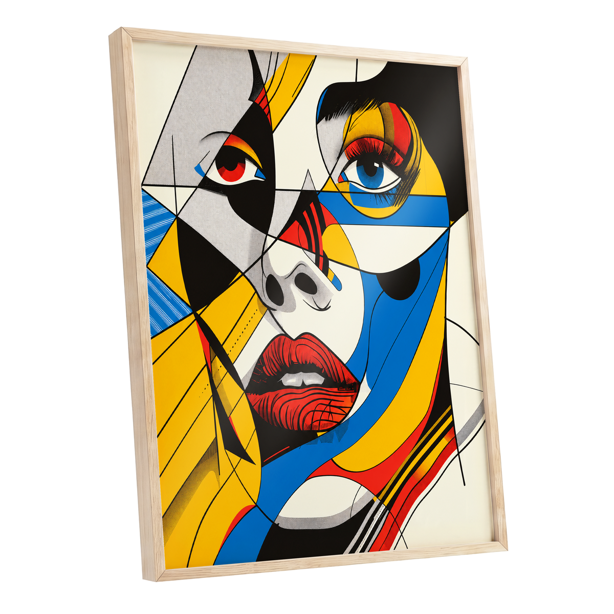 Electric Gaze, yellow, blue, black abstract wall art shown as a oak framed poster wall art print