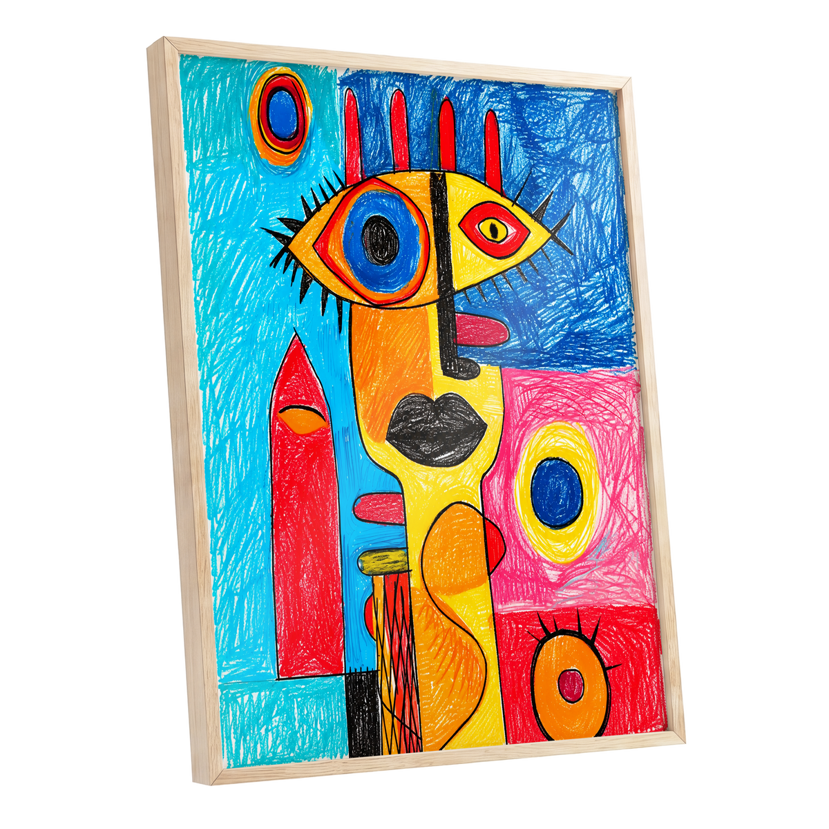 Electric Gaze, blue, red, yellow abstract wall art shown as a oak framed poster wall art print