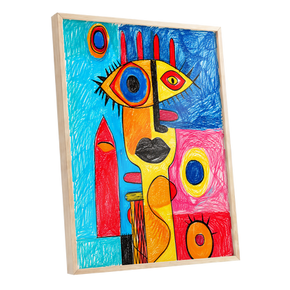 Electric Gaze, blue, red, yellow abstract wall art shown as a oak framed poster wall art print