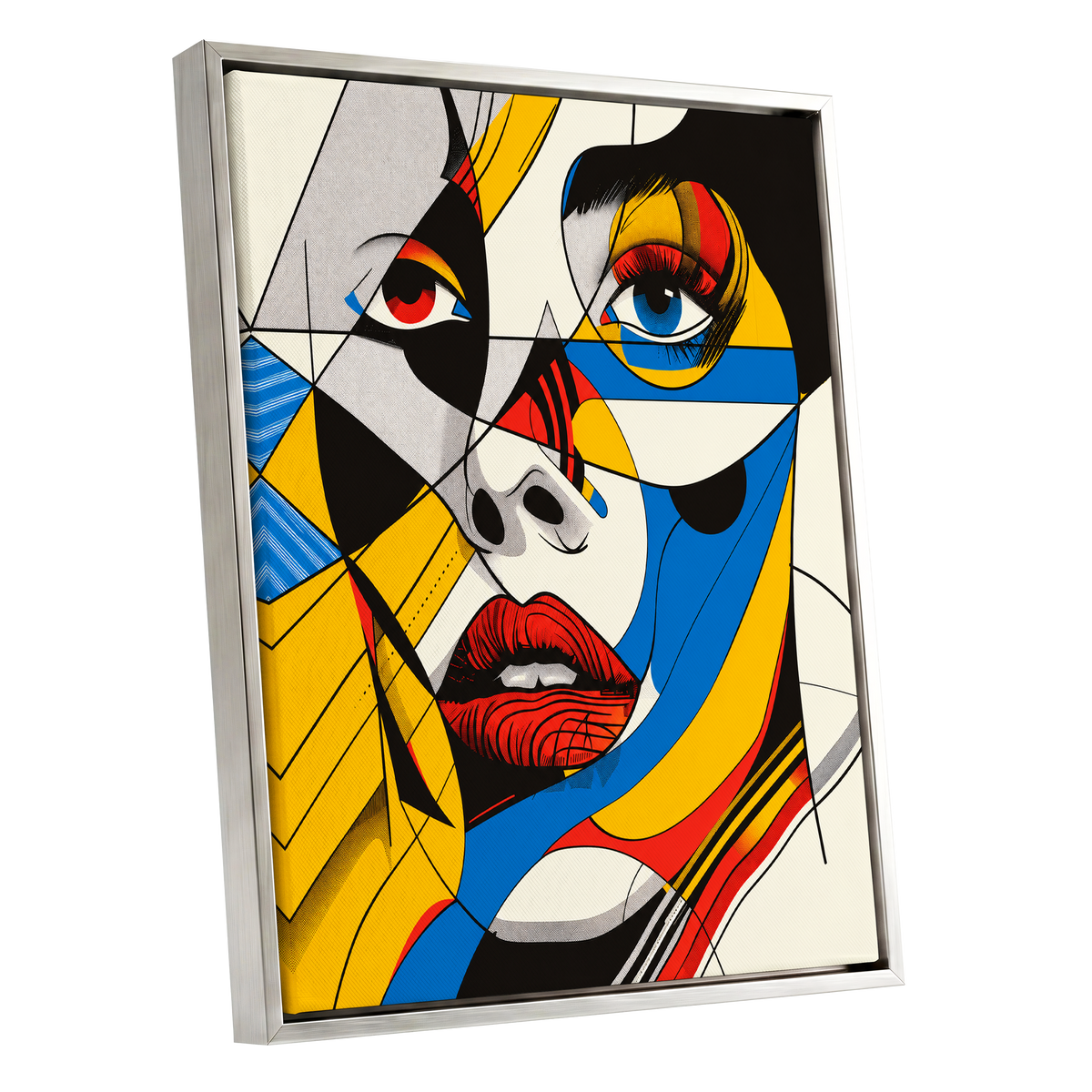 Electric Gaze, yellow, blue, black abstract wall art shown as a silver framed canvas wall art