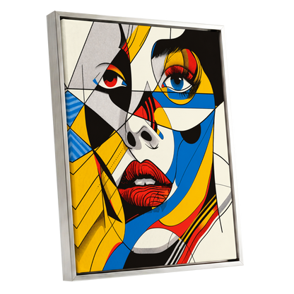 Electric Gaze, yellow, blue, black abstract wall art shown as a silver framed canvas wall art