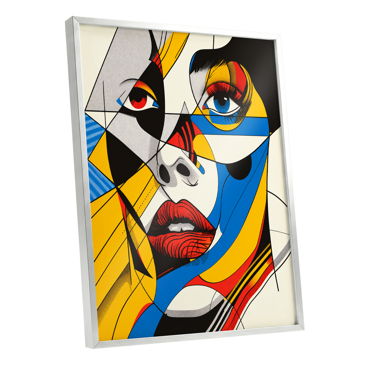 Electric Gaze, yellow, blue, black abstract wall art shown as a silver framed poster wall art print