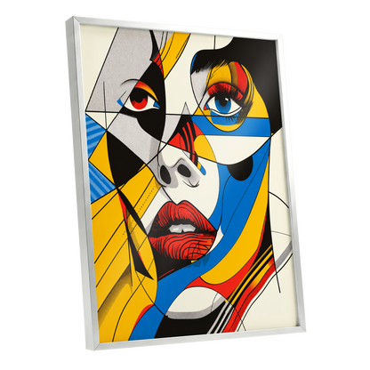 Electric Gaze, yellow, blue, black abstract wall art shown as a silver framed poster wall art print
