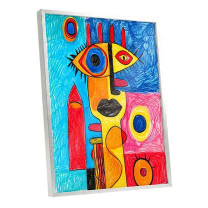 Electric Gaze, blue, red, yellow abstract wall art shown as a silver framed poster wall art print