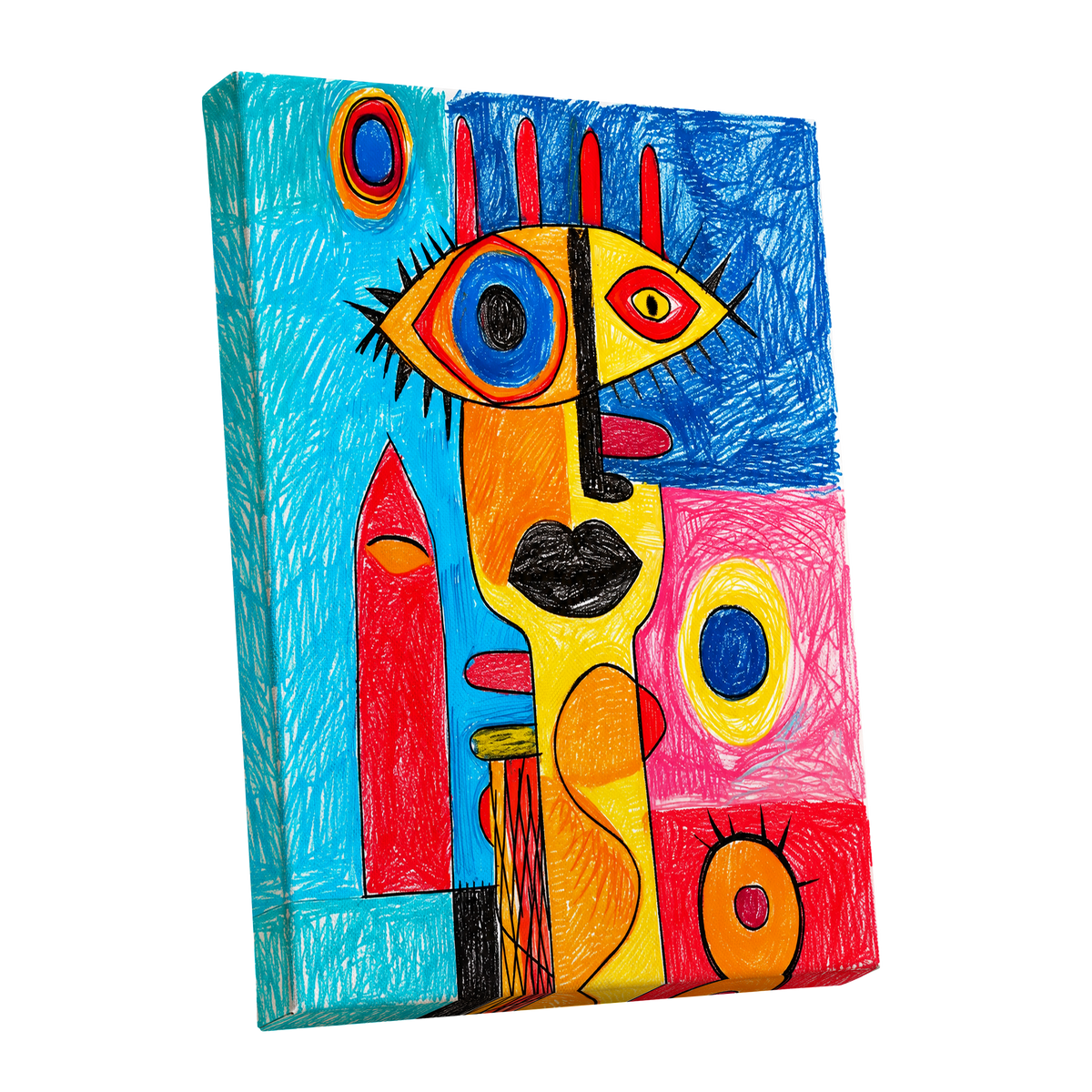 Electric Gaze, blue, red, yellow abstract wall art shown as a stretched canvas wall art
