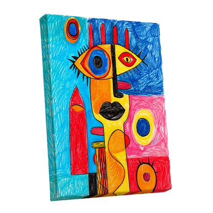 Electric Gaze, blue, red, yellow abstract wall art shown as a stretched canvas wall art