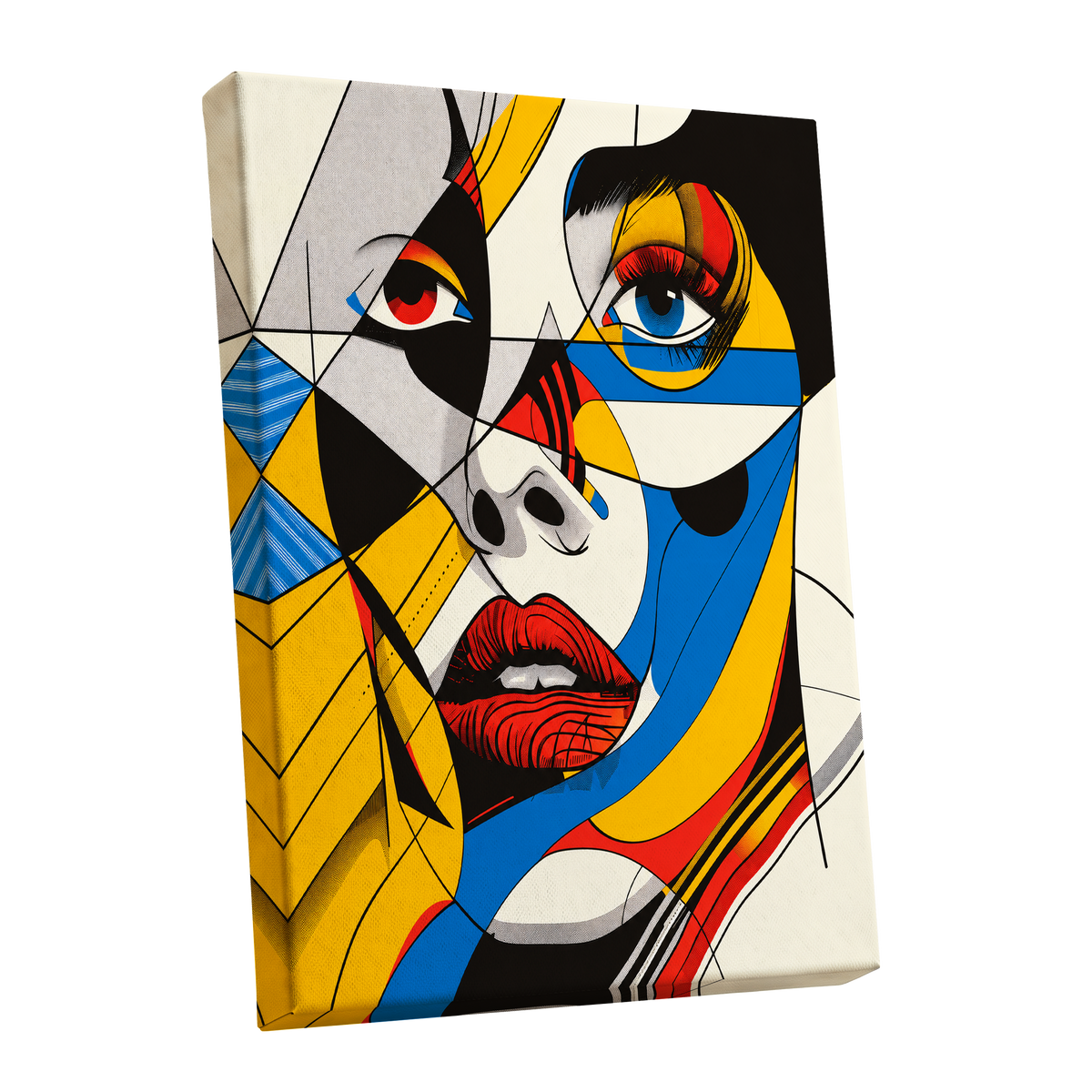 Electric Gaze, yellow, blue, black abstract wall art shown as a stretched canvas wall art