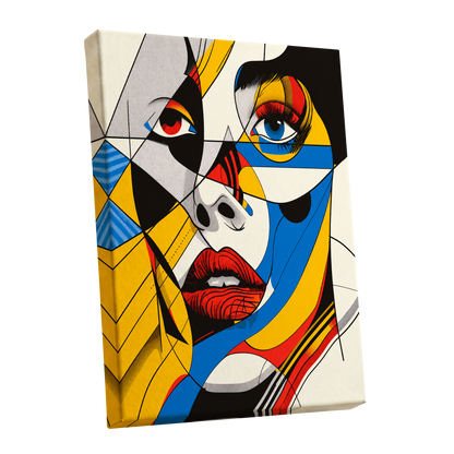 Electric Gaze, yellow, blue, black abstract wall art shown as a stretched canvas wall art
