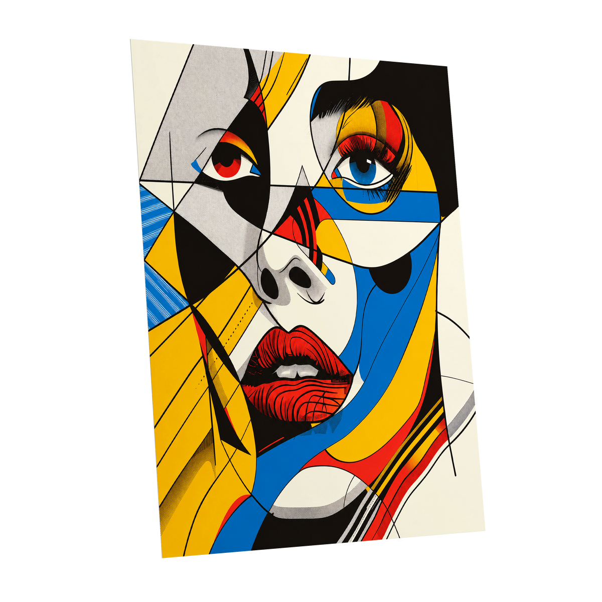 Electric Gaze, yellow, blue, black abstract wall art shown as a unframed poster wall art print