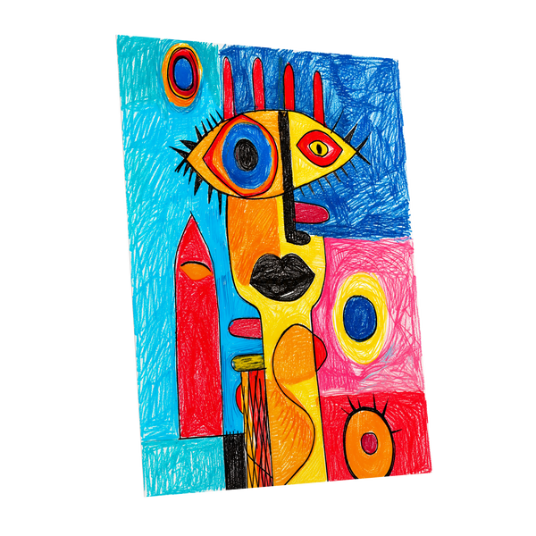 Electric Gaze, blue, red, yellow abstract wall art shown as a unframed poster wall art print