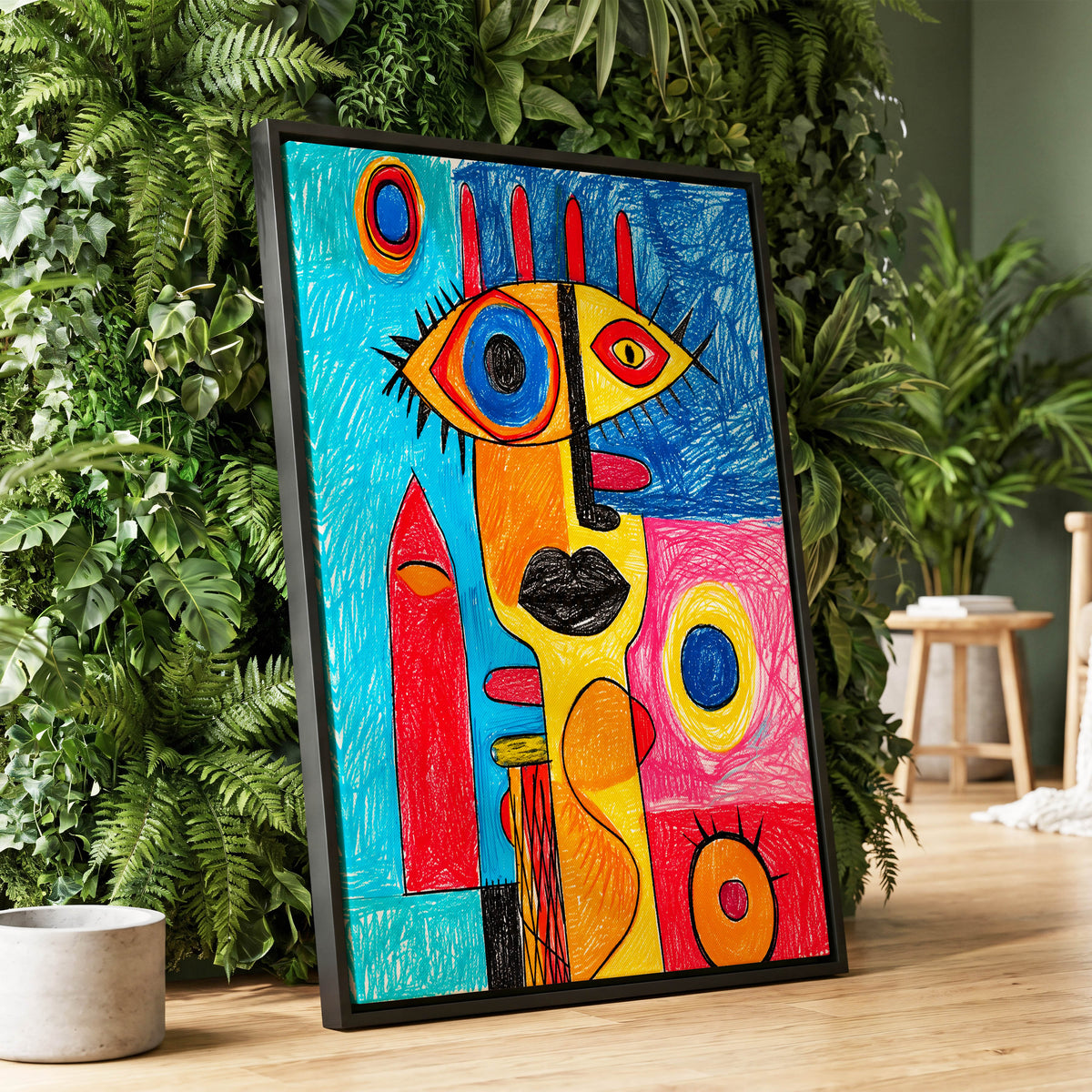 Electric Gaze, blue, red, yellow abstract wall art displayed in a styled interior, gallery view 1