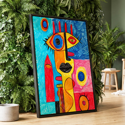 Electric Gaze, blue, red, yellow abstract wall art displayed in a styled interior, gallery view 1