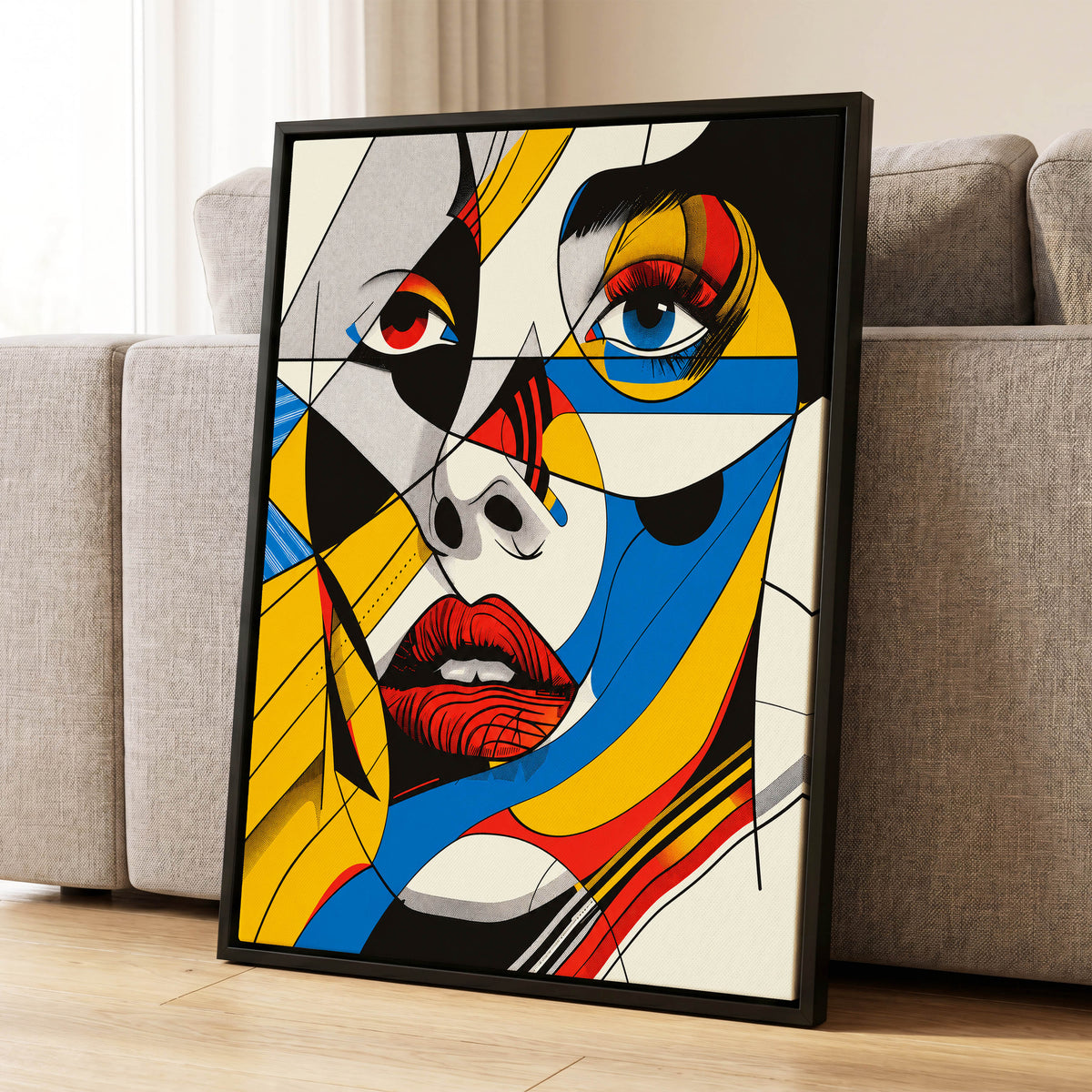 Electric Gaze, yellow, blue, black abstract wall art displayed in a styled interior, gallery view 1