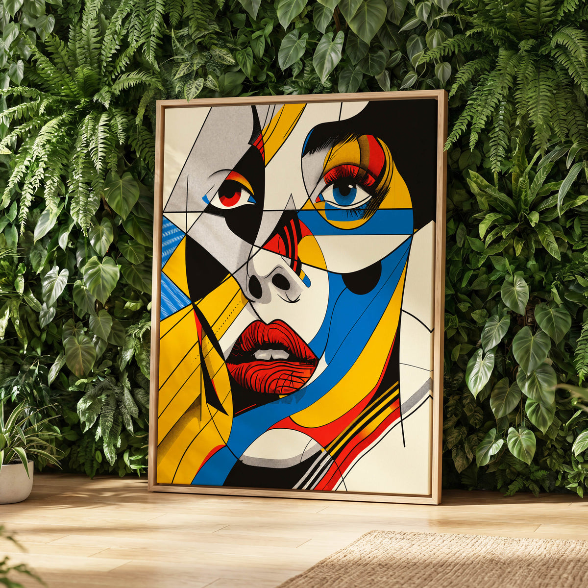 Electric Gaze, yellow, blue, black abstract wall art displayed in a styled interior, gallery view 2