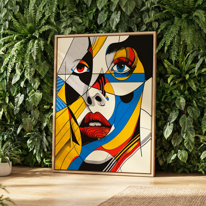Electric Gaze, yellow, blue, black abstract wall art displayed in a styled interior, gallery view 2